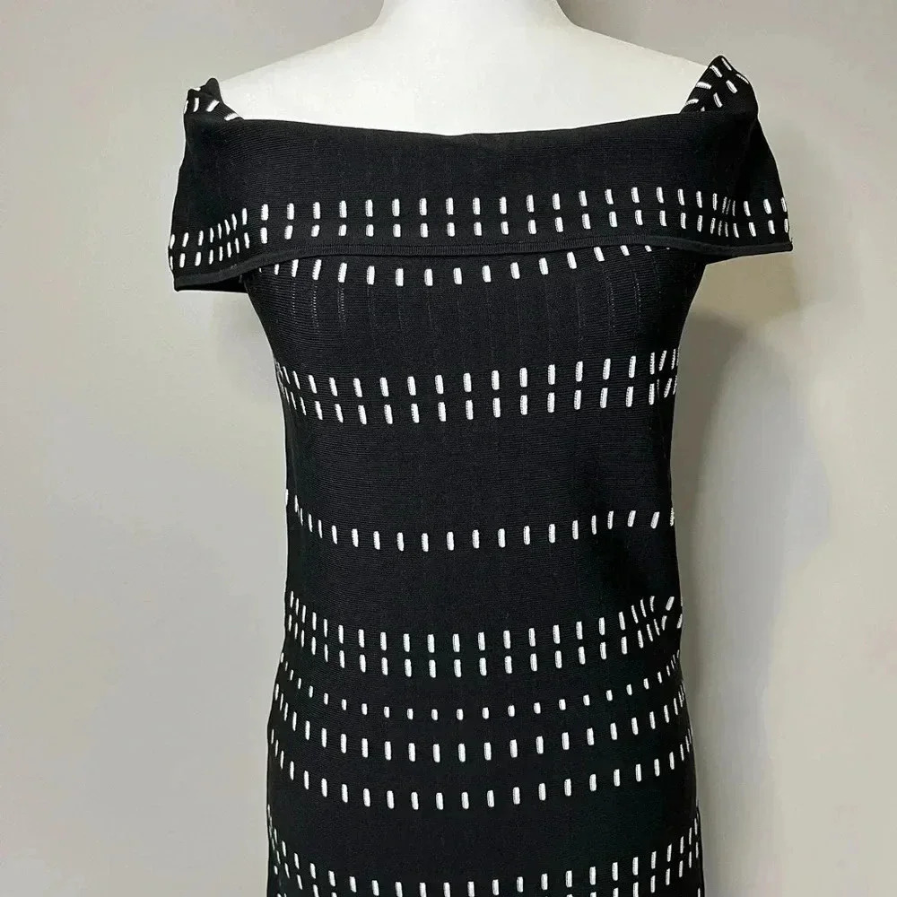 Ever New Melbourne Off the Shoulder Bodycon Dress With Pleated Hem Black White - Picture 6 of 11